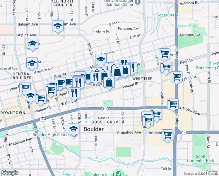 map of restaurants, bars, coffee shops, grocery stores, and more near 2060 Pearl Street in Boulder