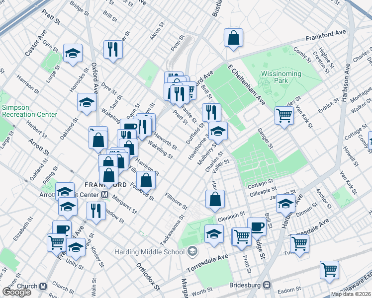map of restaurants, bars, coffee shops, grocery stores, and more near 5103 Duffield Street in Philadelphia
