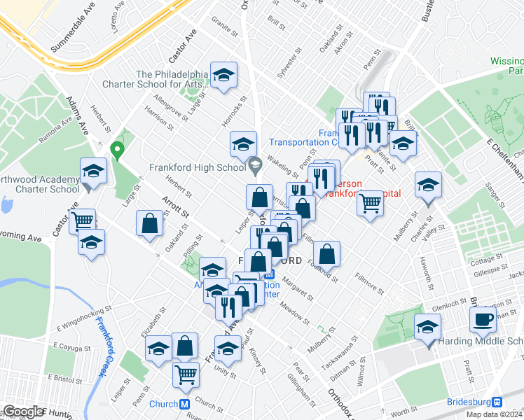 map of restaurants, bars, coffee shops, grocery stores, and more near 4831 Oxford Avenue in Philadelphia