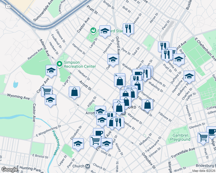 map of restaurants, bars, coffee shops, grocery stores, and more near 1358 Fillmore Street in Philadelphia