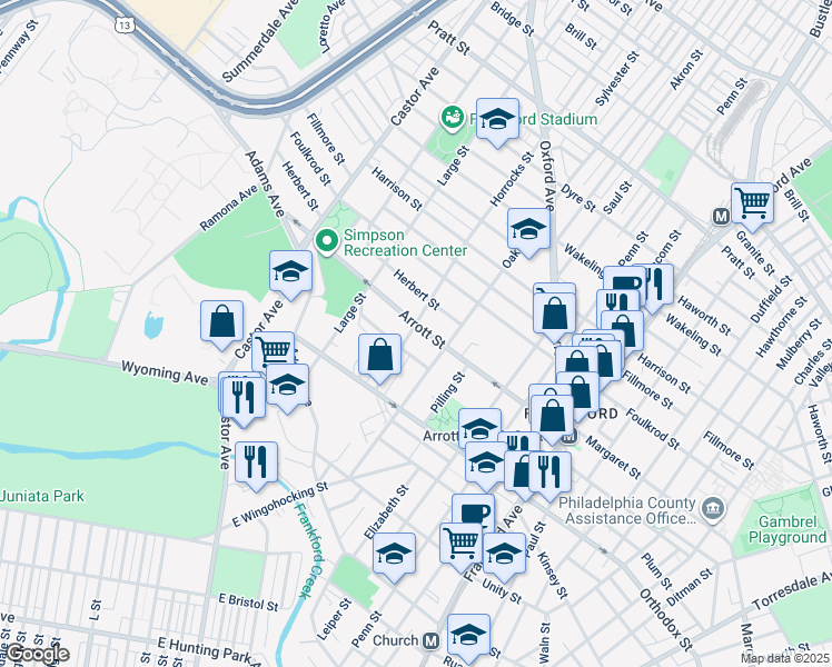 map of restaurants, bars, coffee shops, grocery stores, and more near 1141 Arrott Street in Philadelphia