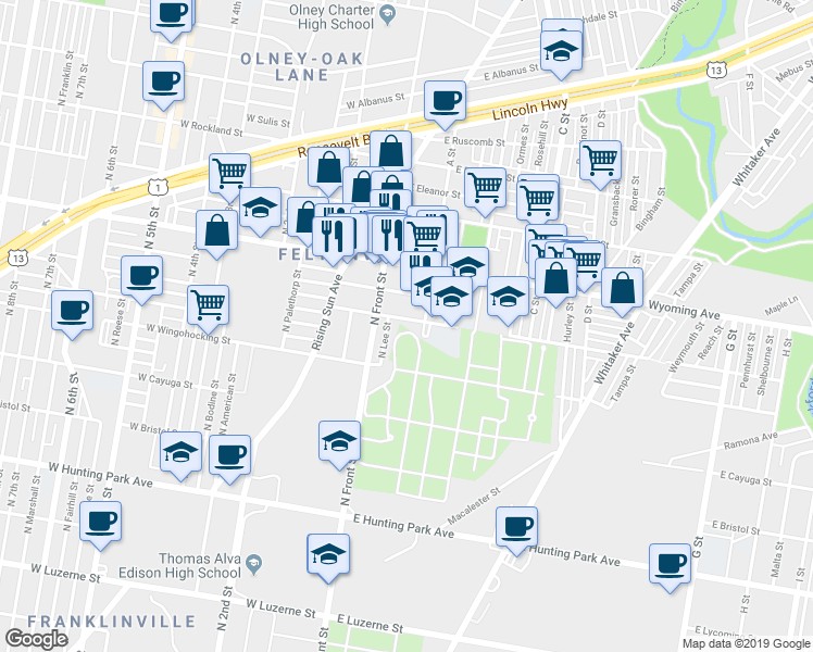 map of restaurants, bars, coffee shops, grocery stores, and more near 4606 A Street in Philadelphia