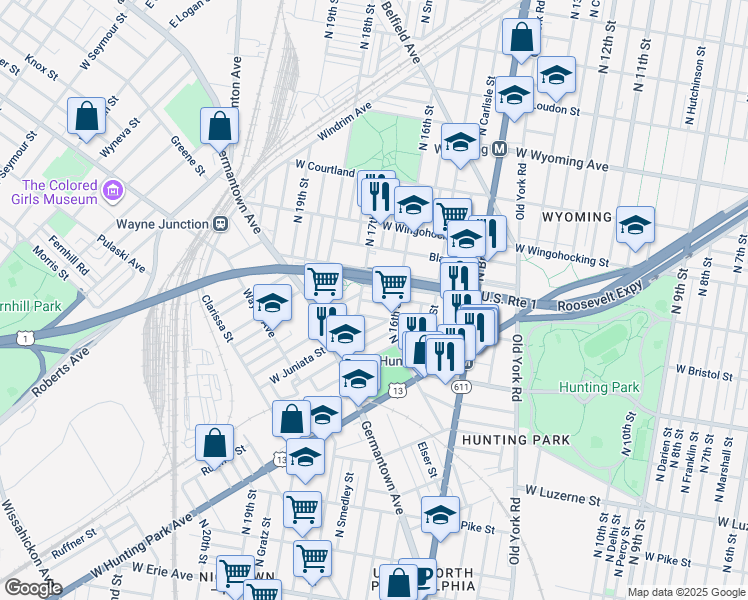 map of restaurants, bars, coffee shops, grocery stores, and more near 1619 Rowan Street in Philadelphia