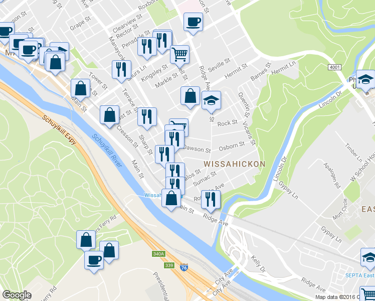 map of restaurants, bars, coffee shops, grocery stores, and more near in Philadelphia