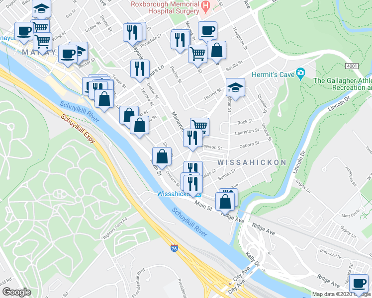 map of restaurants, bars, coffee shops, grocery stores, and more near 3816 Manor Street in Philadelphia