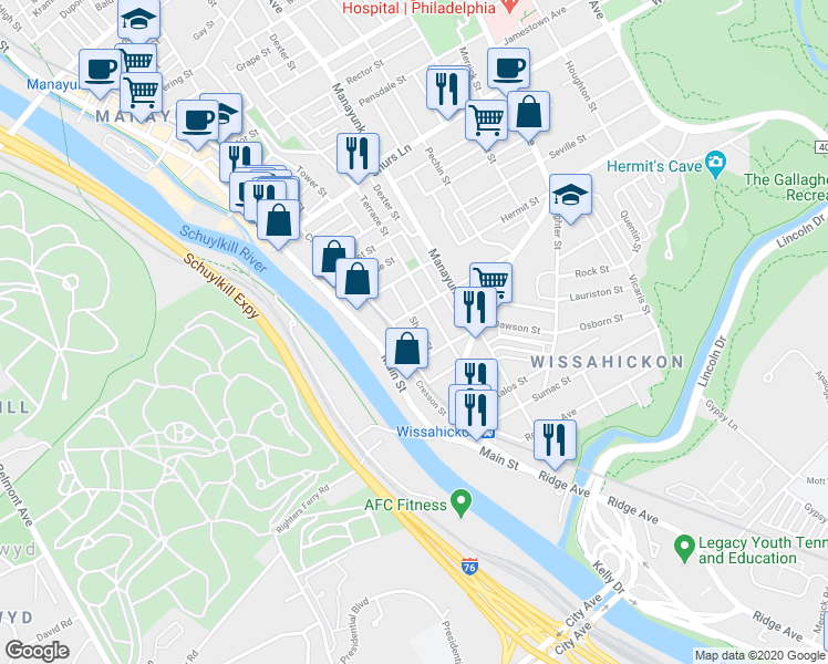 map of restaurants, bars, coffee shops, grocery stores, and more near 114 Salaignac Street in Philadelphia