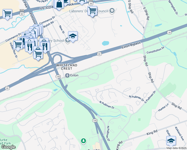 map of restaurants, bars, coffee shops, grocery stores, and more near 150 Mountain View Dr in West Chester