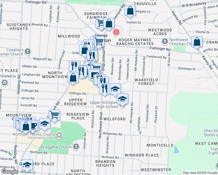 map of restaurants, bars, coffee shops, grocery stores, and more near 3065 Brandon Road in Columbus