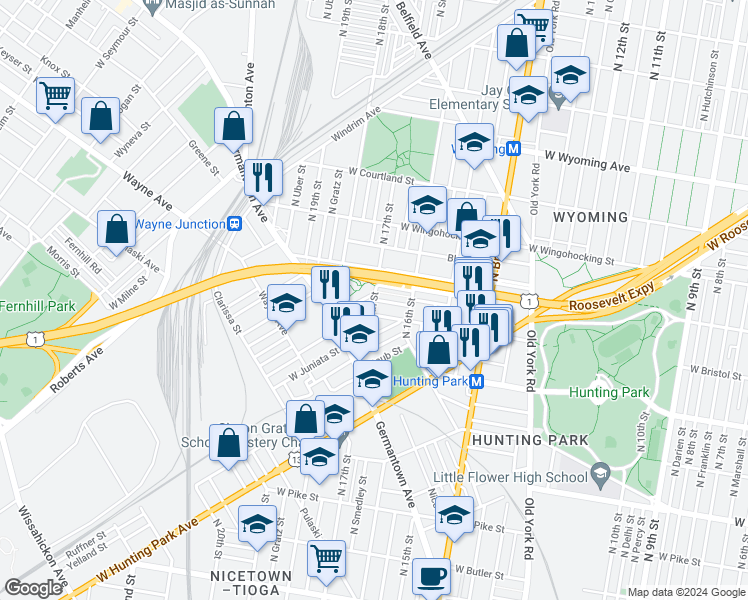map of restaurants, bars, coffee shops, grocery stores, and more near Saint Paul Street in Philadelphia