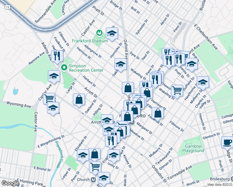 map of restaurants, bars, coffee shops, grocery stores, and more near 1342 Foulkrod Street in Philadelphia