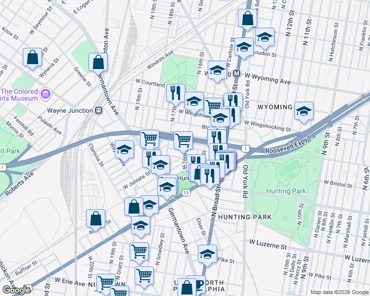 map of restaurants, bars, coffee shops, grocery stores, and more near 1619 Rowan Street in Philadelphia