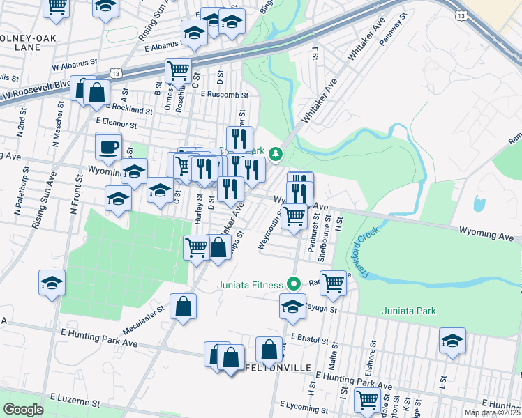 map of restaurants, bars, coffee shops, grocery stores, and more near 4651 Tampa Street in Philadelphia