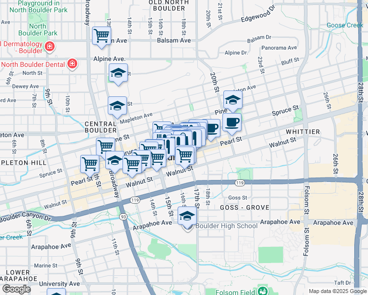 map of restaurants, bars, coffee shops, grocery stores, and more near 1618 Spruce Street in Boulder