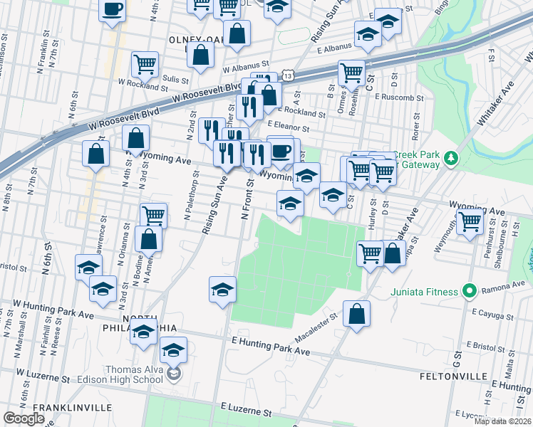 map of restaurants, bars, coffee shops, grocery stores, and more near 4606 A Street in Philadelphia