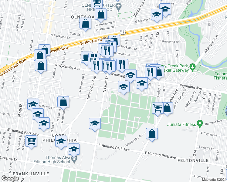 map of restaurants, bars, coffee shops, grocery stores, and more near 150 East Courtland Street in Philadelphia