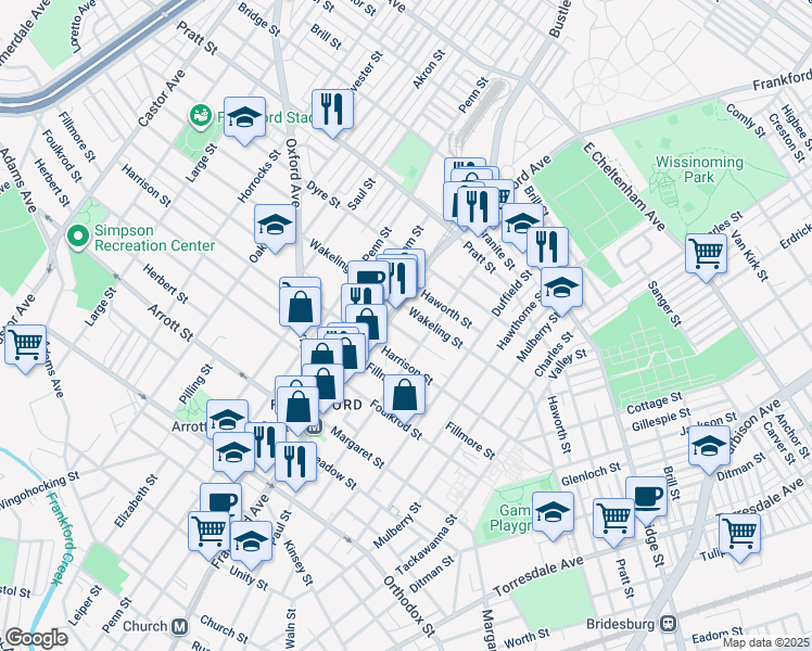 map of restaurants, bars, coffee shops, grocery stores, and more near 1621 Allengrove Street in Philadelphia