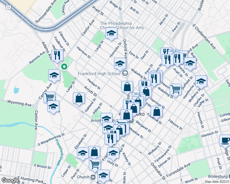 map of restaurants, bars, coffee shops, grocery stores, and more near 1338 Foulkrod Street in Philadelphia