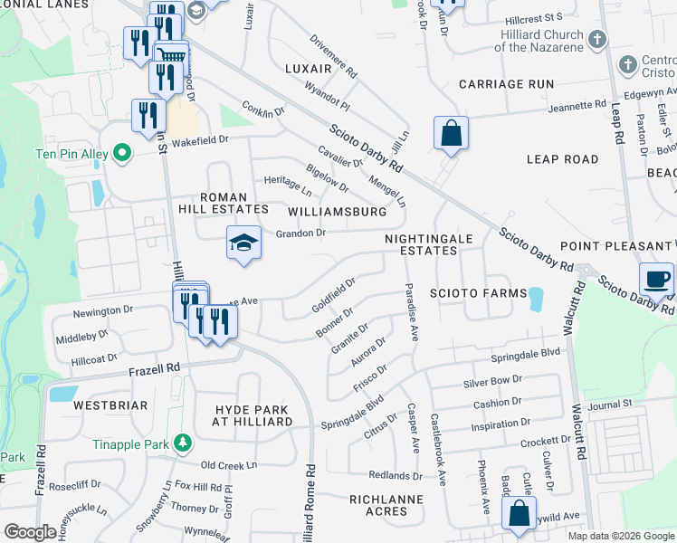 map of restaurants, bars, coffee shops, grocery stores, and more near 5257 Redmond Court in Hilliard