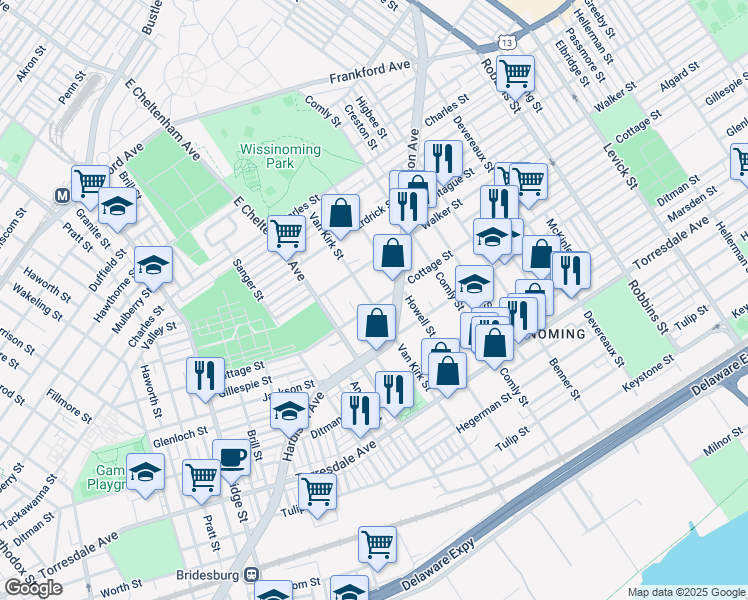 map of restaurants, bars, coffee shops, grocery stores, and more near 5802 Cottage Street in Philadelphia