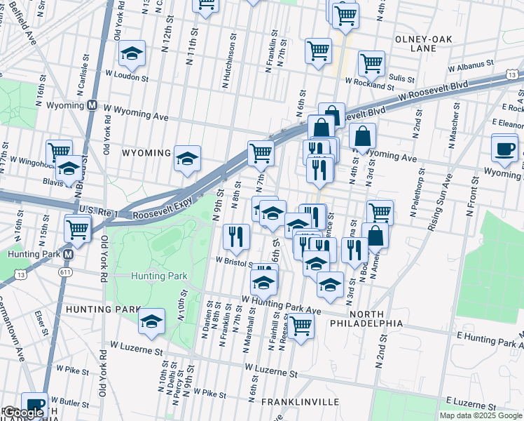 map of restaurants, bars, coffee shops, grocery stores, and more near 4444 N Marshall St in Philadelphia
