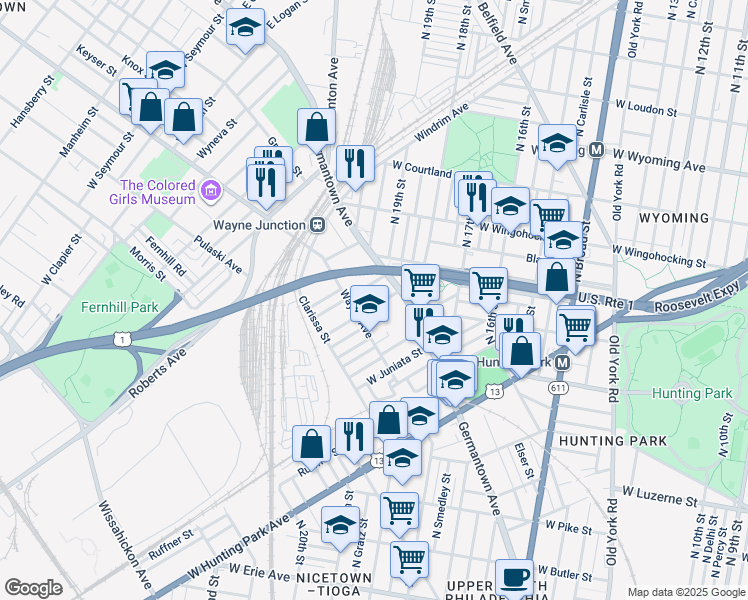 map of restaurants, bars, coffee shops, grocery stores, and more near 1933 Rowan Street in Philadelphia
