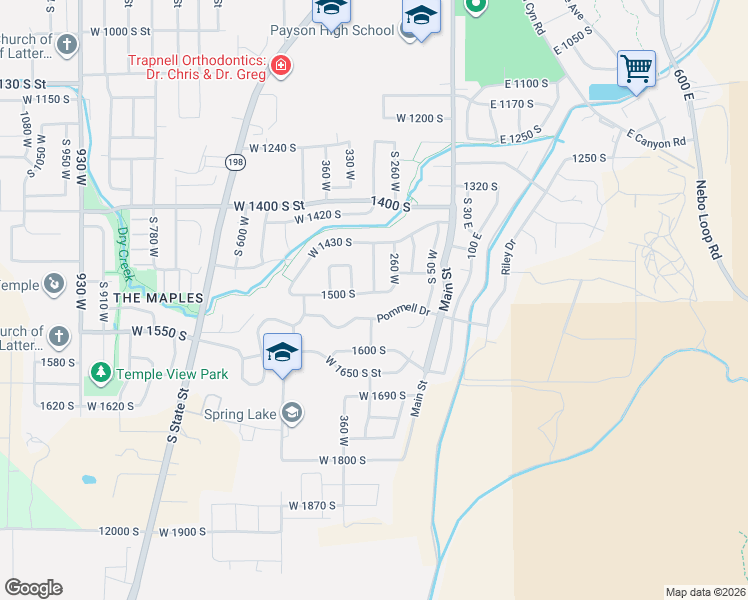 map of restaurants, bars, coffee shops, grocery stores, and more near 299 West 1500 South Street in Payson