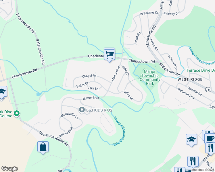 map of restaurants, bars, coffee shops, grocery stores, and more near 2616 Chapel Road in Lancaster