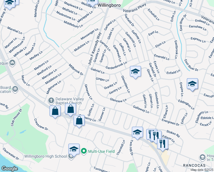map of restaurants, bars, coffee shops, grocery stores, and more near 27 Granby Lane in Willingboro