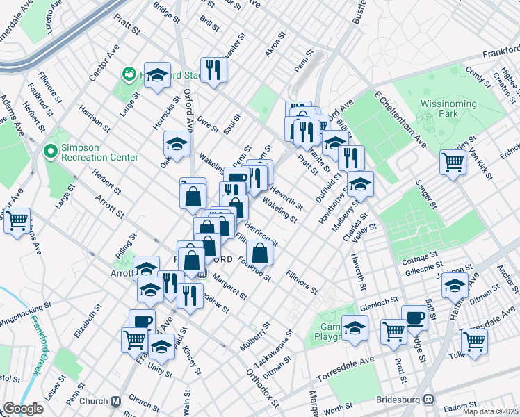 map of restaurants, bars, coffee shops, grocery stores, and more near 1619 Allengrove Street in Philadelphia