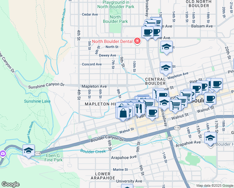 map of restaurants, bars, coffee shops, grocery stores, and more near 2337 8th Street in Boulder