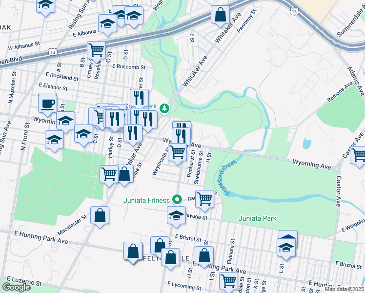 map of restaurants, bars, coffee shops, grocery stores, and more near 4658 G Street in Philadelphia