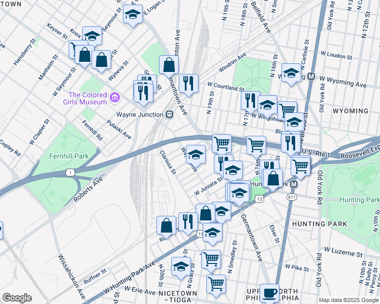 map of restaurants, bars, coffee shops, grocery stores, and more near 1954 West Dennie Street in Philadelphia