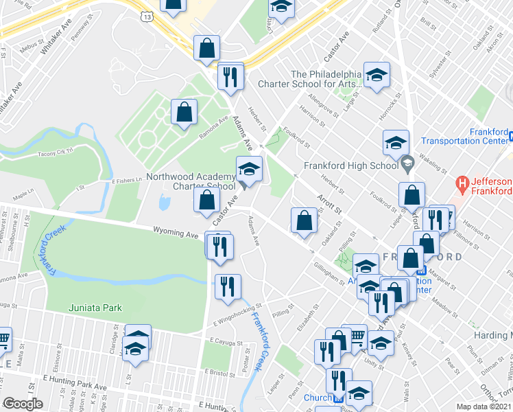 map of restaurants, bars, coffee shops, grocery stores, and more near 4603 Adams Avenue in Philadelphia