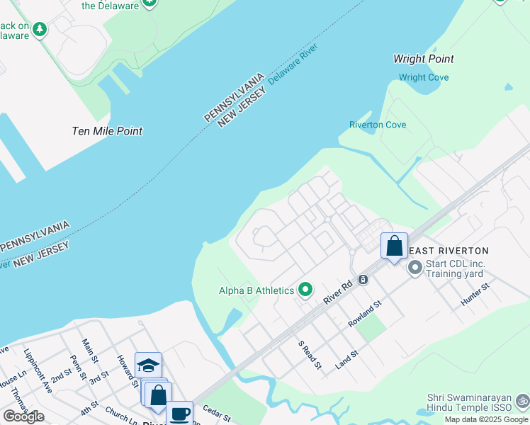 map of restaurants, bars, coffee shops, grocery stores, and more near 121 Nathan Drive in Cinnaminson