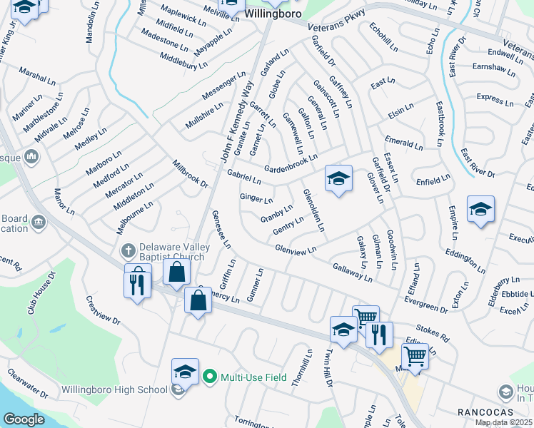 map of restaurants, bars, coffee shops, grocery stores, and more near 27 Granby Lane in Willingboro