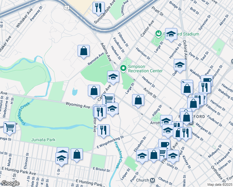 map of restaurants, bars, coffee shops, grocery stores, and more near 4603 Adams Avenue in Philadelphia
