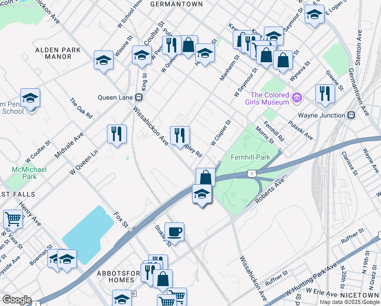 map of restaurants, bars, coffee shops, grocery stores, and more near 5026 Copley Road in Philadelphia