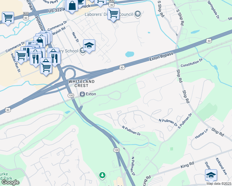 map of restaurants, bars, coffee shops, grocery stores, and more near 154 Mountain View Drive in West Chester
