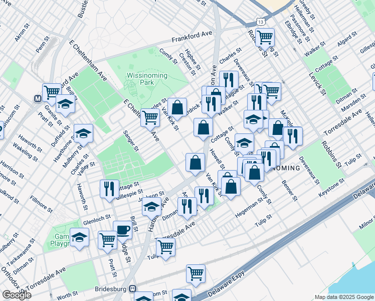 map of restaurants, bars, coffee shops, grocery stores, and more near 4322 Van Kirk Street in Philadelphia