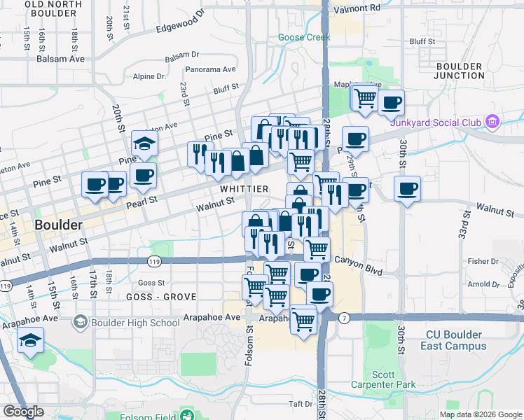 map of restaurants, bars, coffee shops, grocery stores, and more near 1884 Folsom Street in Boulder