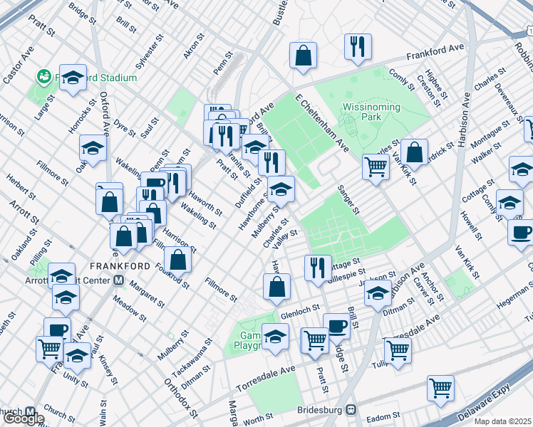 map of restaurants, bars, coffee shops, grocery stores, and more near 5205 Marlowe Street in Philadelphia