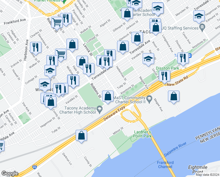 map of restaurants, bars, coffee shops, grocery stores, and more near 6359 Edmund Street in Philadelphia