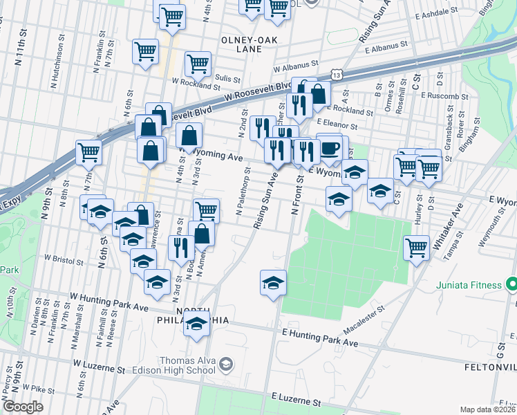 map of restaurants, bars, coffee shops, grocery stores, and more near 180 West Raymond Street in Philadelphia