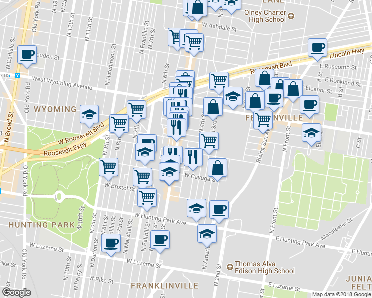 map of restaurants, bars, coffee shops, grocery stores, and more near 431 West Wingohocking Street in Philadelphia