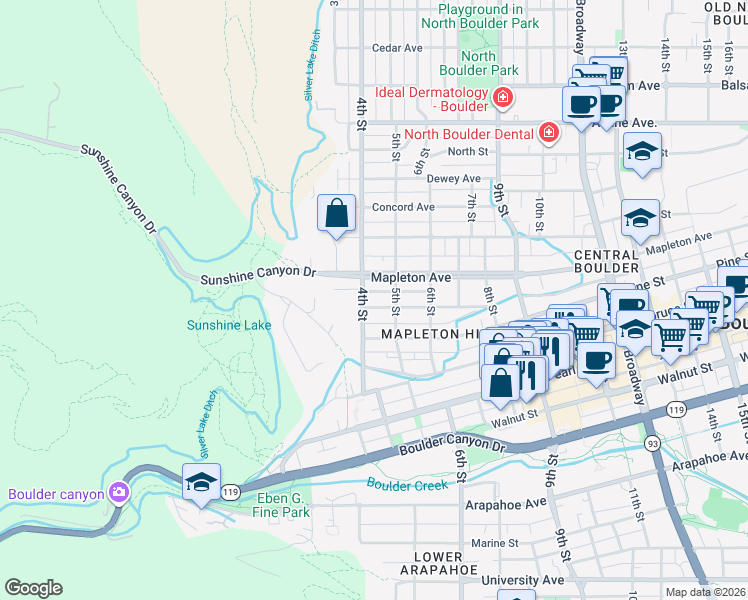 map of restaurants, bars, coffee shops, grocery stores, and more near 421 Highland Avenue in Boulder