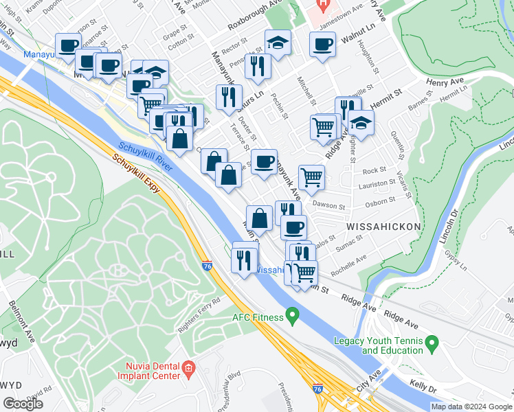 map of restaurants, bars, coffee shops, grocery stores, and more near 3793 Cresson Street in Philadelphia