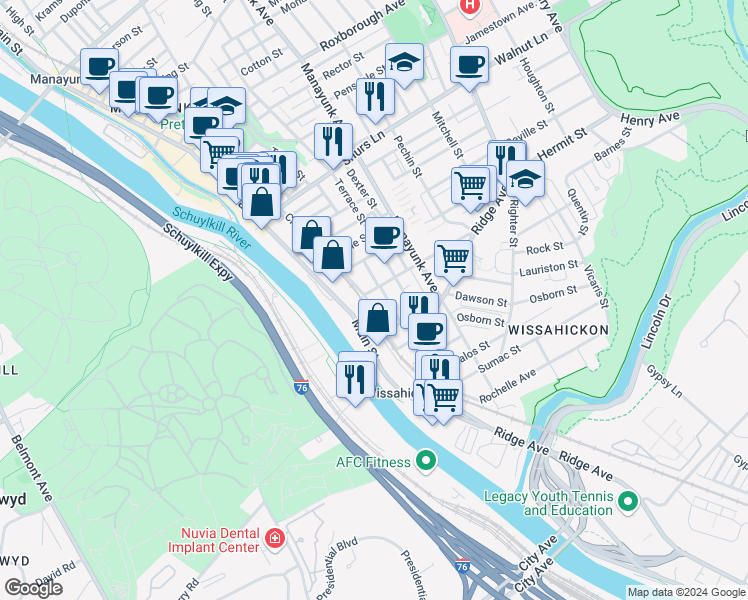 map of restaurants, bars, coffee shops, grocery stores, and more near 114 Salaignac Street in Philadelphia
