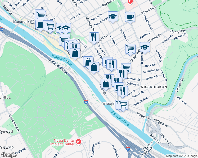 map of restaurants, bars, coffee shops, grocery stores, and more near 3811 Cresson Street in Philadelphia