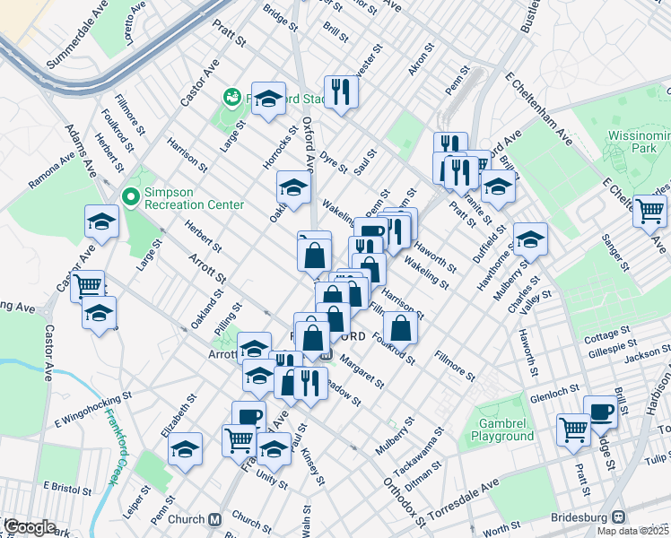 map of restaurants, bars, coffee shops, grocery stores, and more near 4833 Penn Street in Philadelphia