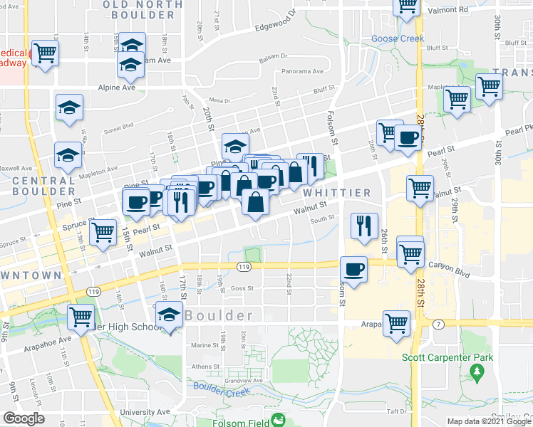 map of restaurants, bars, coffee shops, grocery stores, and more near in Boulder